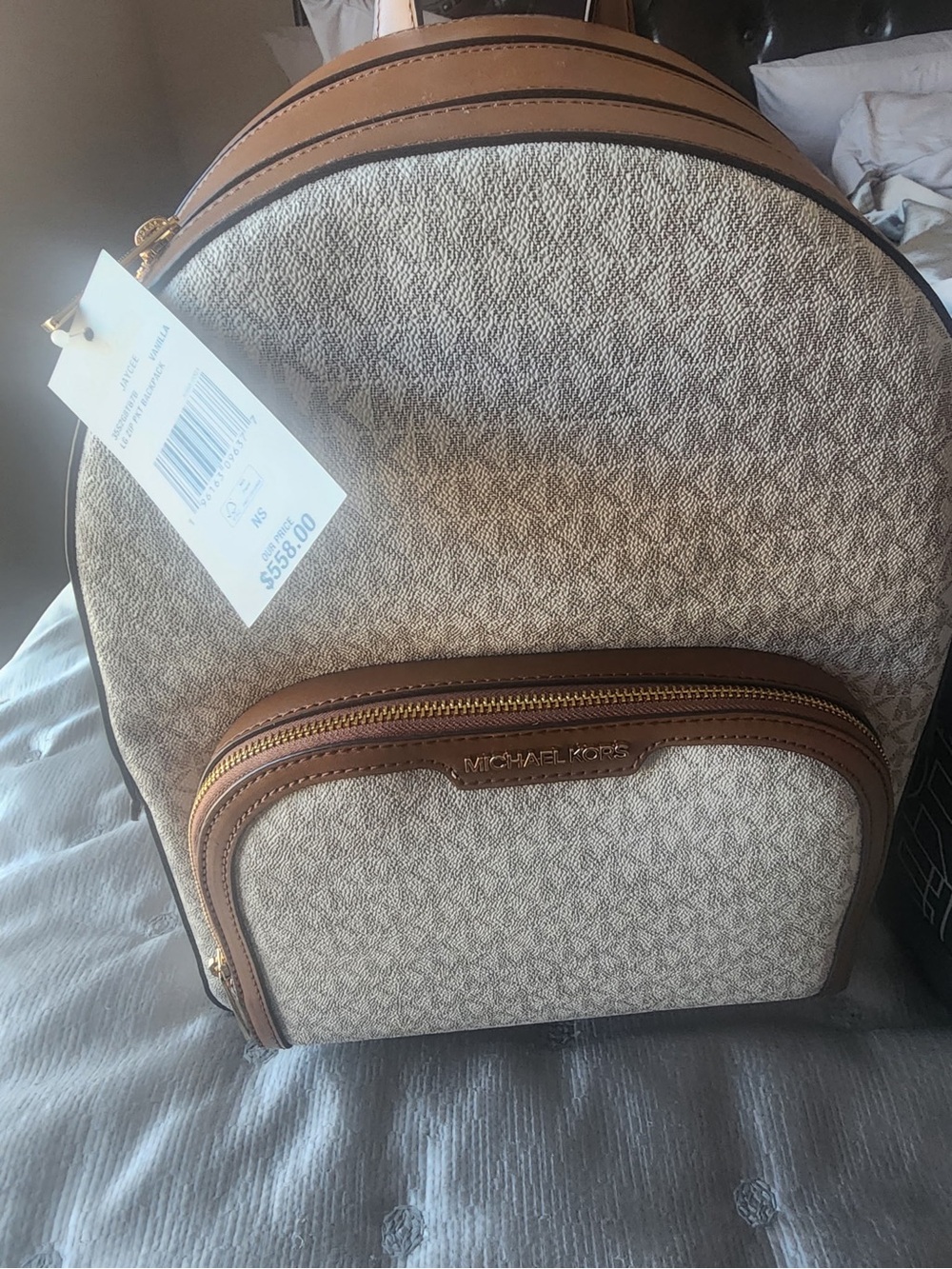 Michael Kors Cream & Brown Logo Backpack with Leather Trim